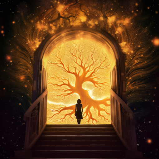 A captivating digital illustration that presents an ethereal dreamscape. In the foreground, a silhouette of a person's head lies in profile, eyes closed in deep sleep. From within the mind, fantastical elements emerge - a sprawling tree with golden leaves, a winding path leading to a mysterious door, and a stairway reaching towards a vibrant nebula of stars, all symbolizing the boundless realms and narratives of the dream world.