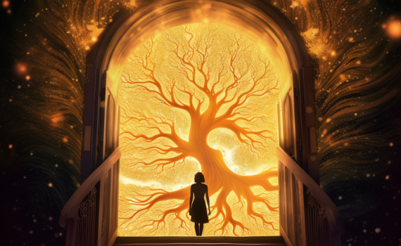 A captivating digital illustration that presents an ethereal dreamscape. In the foreground, a silhouette of a person's head lies in profile, eyes closed in deep sleep. From within the mind, fantastical elements emerge - a sprawling tree with golden leaves, a winding path leading to a mysterious door, and a stairway reaching towards a vibrant nebula of stars, all symbolizing the boundless realms and narratives of the dream world.