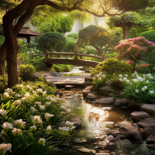 A serene Japanese garden with a small pond, surrounded by lush greenery and blooming flowers. The scene evokes a sense of tranquility and harmony with nature, reflecting the essence of Haiku poetry.