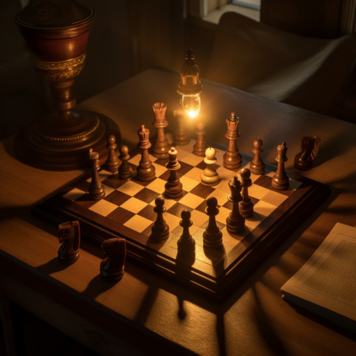 An overhead shot of an antique wooden chess board set up for a game, the ebony and ivory pieces standing at attention. The image is bathed in the soft, warm glow of a vintage desk lamp, casting long, dramatic shadows that dance across the board, hinting at the epic battle about to unfold.