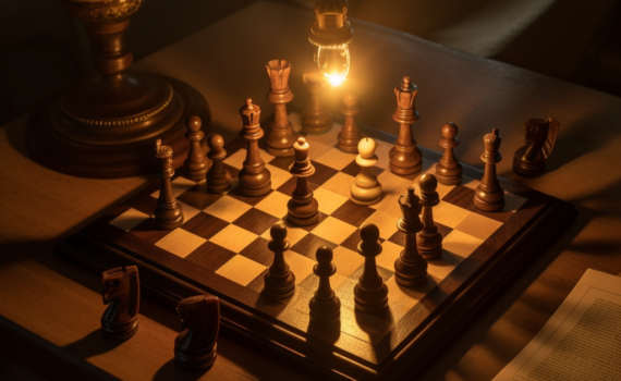 An overhead shot of an antique wooden chess board set up for a game, the ebony and ivory pieces standing at attention. The image is bathed in the soft, warm glow of a vintage desk lamp, casting long, dramatic shadows that dance across the board, hinting at the epic battle about to unfold.