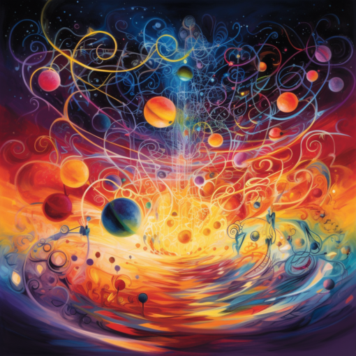 a vivid, surreal illustration of a swirling, colorful subatomic landscape. Electrons, depicted as glowing orbs, dance across the canvas, leaving trails of light in their wake. In the background, mathematical equations and symbols float like distant stars, hinting at the mathematical underpinnings of this quantum ballet. The overall effect is one of dynamic movement and ethereal beauty, perfectly capturing the whimsy and wonder of the quantum world.