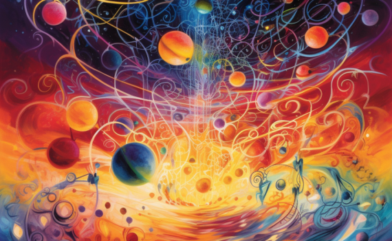 a vivid, surreal illustration of a swirling, colorful subatomic landscape. Electrons, depicted as glowing orbs, dance across the canvas, leaving trails of light in their wake. In the background, mathematical equations and symbols float like distant stars, hinting at the mathematical underpinnings of this quantum ballet. The overall effect is one of dynamic movement and ethereal beauty, perfectly capturing the whimsy and wonder of the quantum world.