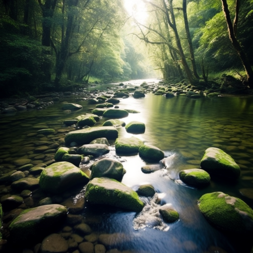 A beautiful photograph taken from a low angle, looking upstream at a serene river flowing gently through a verdant forest. Stepping stones, worn smooth by countless feet, stretch across the river, disappearing into the distance. The sunlight filters through the canopy, casting a dappled light onto the water and stones