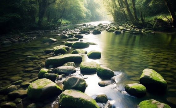 A beautiful photograph taken from a low angle, looking upstream at a serene river flowing gently through a verdant forest. Stepping stones, worn smooth by countless feet, stretch across the river, disappearing into the distance. The sunlight filters through the canopy, casting a dappled light onto the water and stones
