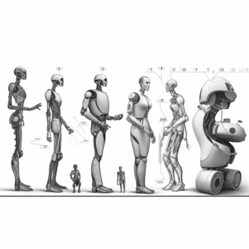 A black and white image depicting a timeline of the evolution of robotics. On the far left is an illustration of an ancient automaton. In the middle, there's a depiction of Unimate, the first industrial robot. On the far right, there's a modern humanoid robot, indicative of the future of robotics