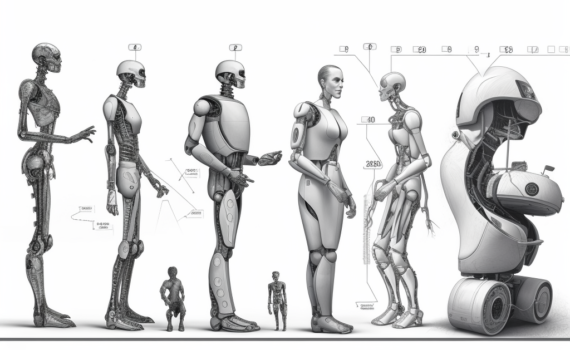 A black and white image depicting a timeline of the evolution of robotics. On the far left is an illustration of an ancient automaton. In the middle, there's a depiction of Unimate, the first industrial robot. On the far right, there's a modern humanoid robot, indicative of the future of robotics