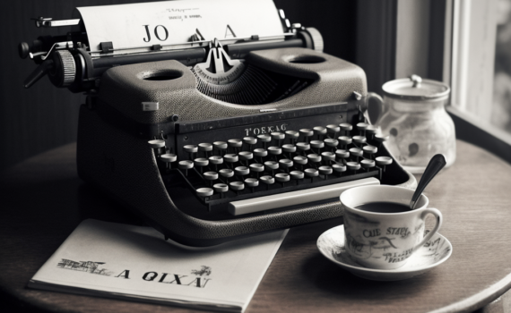 A black and white image of a vintage typewriter with a sheet of paper. The words "The quick brown fox jumps over the lazy dog" are typed out in an old-fashioned font. A cup of coffee and a notebook sit next to the typewriter, evoking a cozy, creative atmosphere.