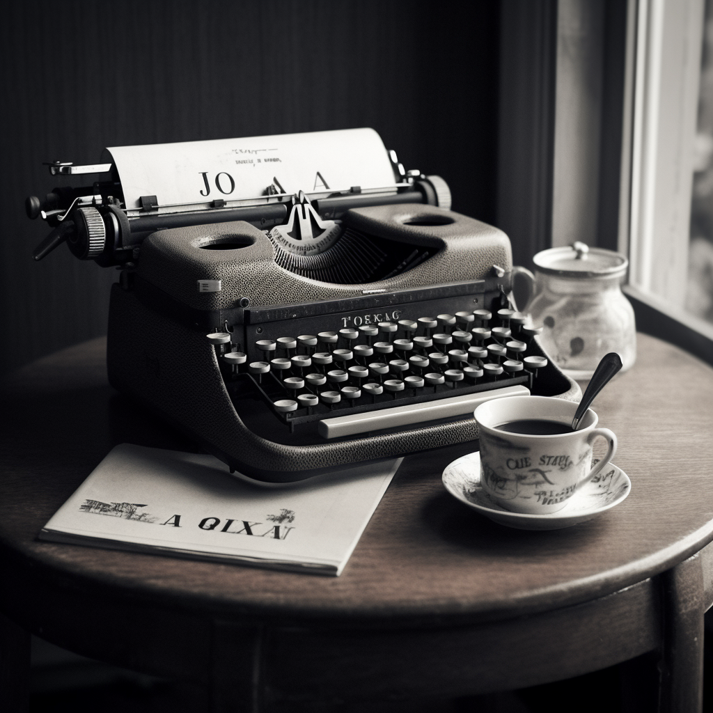 A black and white image of a vintage typewriter with a sheet of paper. The words "The quick brown fox jumps over the lazy dog" are typed out in an old-fashioned font. A cup of coffee and a notebook sit next to the typewriter, evoking a cozy, creative atmosphere.