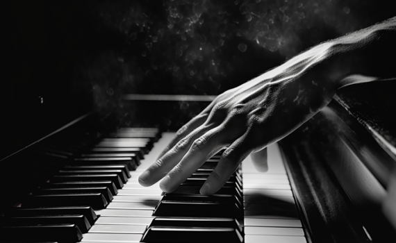 A black and white image of an individual's hand gracefully hovering over piano keys, about to strike a note. The image captures a sense of anticipation, evoking the emotional potency that a single note can unleash