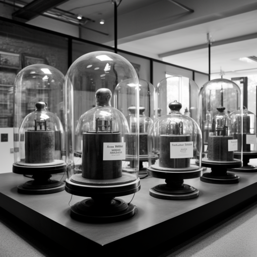 A black and white image of the International Prototype of the Kilogram (IPK) stored under bell jars at the International Bureau of Weights and Measures (BIPM) in France