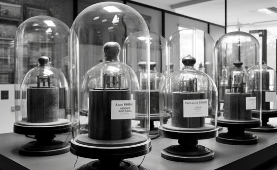 A black and white image of the International Prototype of the Kilogram (IPK) stored under bell jars at the International Bureau of Weights and Measures (BIPM) in France