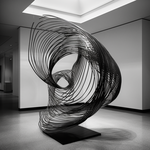 A black and white photograph of a sculpture in an open gallery. The sculpture is an abstract piece made of curved metal bars, twisting and turning in various directions. The negative space around and within the sculpture is clearly visible, creating a sense of balance and harmony