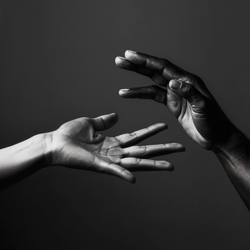 A black and white photograph of two hands reaching towards each other. One hand is extended from the top of the frame, palm open and fingers slightly curled, suggesting a gesture of giving. The other hand is reaching up from the bottom of the frame, its fingers open and ready to receive. The image conveys a strong sense of connection, support, and shared understanding, embodying the essence of empathy