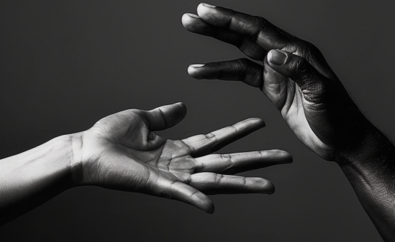 A black and white photograph of two hands reaching towards each other. One hand is extended from the top of the frame, palm open and fingers slightly curled, suggesting a gesture of giving. The other hand is reaching up from the bottom of the frame, its fingers open and ready to receive. The image conveys a strong sense of connection, support, and shared understanding, embodying the essence of empathy
