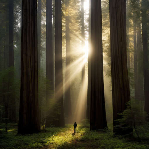A breathtaking image of the Redwood forest under the soft, filtered light of dawn. Tall redwood trees stretch towards the sky, their massive trunks creating patterns of light and shadow on the forest floor. A solitary figure, presumably Percival, stands in the distance, dwarfed by the grandeur of the forest, encapsulating the sense of awe and serenity that the forest evokes