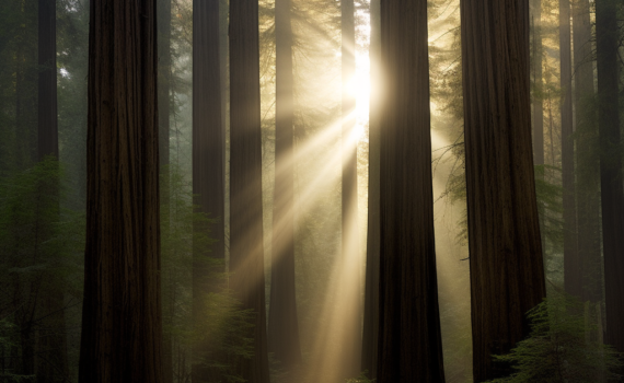 A breathtaking image of the Redwood forest under the soft, filtered light of dawn. Tall redwood trees stretch towards the sky, their massive trunks creating patterns of light and shadow on the forest floor. A solitary figure, presumably Percival, stands in the distance, dwarfed by the grandeur of the forest, encapsulating the sense of awe and serenity that the forest evokes