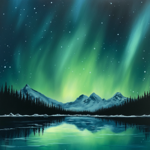 A breathtaking view of the Northern Lights in the Arctic sky. Bands of vibrant green light stretch across the star-studded night sky, reflecting off a tranquil, partially frozen body of water below. Silhouettes of snowy mountains frame the scene, adding to the ethereal beauty of the spectacle