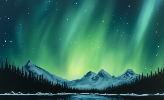 A breathtaking view of the Northern Lights in the Arctic sky. Bands of vibrant green light stretch across the star-studded night sky, reflecting off a tranquil, partially frozen body of water below. Silhouettes of snowy mountains frame the scene, adding to the ethereal beauty of the spectacle