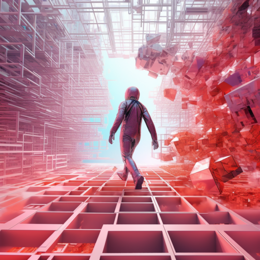 A captivating digital artwork depicting a human figure stepping from a monochrome, physical world into a vibrant, multi-dimensional digital realm, symbolizing the transition from our current reality to the Metaverse
