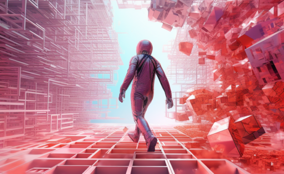 A captivating digital artwork depicting a human figure stepping from a monochrome, physical world into a vibrant, multi-dimensional digital realm, symbolizing the transition from our current reality to the Metaverse
