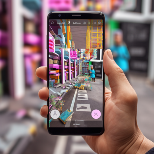 A captivating image of a person holding a smartphone, through which they see an augmented reality overlay of colorful, 3D data and graphs on their real-world environment. This image illustrates the immersive, interactive potential of AR technology