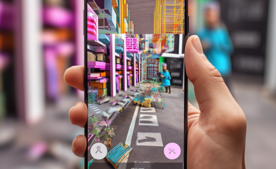 A captivating image of a person holding a smartphone, through which they see an augmented reality overlay of colorful, 3D data and graphs on their real-world environment. This image illustrates the immersive, interactive potential of AR technology
