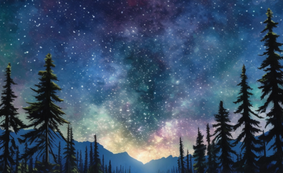 A captivating image of a starry night sky, with the Milky Way stretching across the expanse, punctuated by a multitude of twinkling stars. The silhouettes of towering pine trees frame the bottom of the image, providing a sense of earthbound perspective to the vast cosmic vista above.