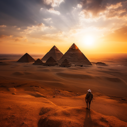 A captivating photograph showcasing the awe-inspiring Pyramids of Giza at sunset. The golden hues of the setting sun cast long shadows over the vast desert, highlighting the pyramids' immense grandeur. Percival, wearing his signature pith helmet, stands in the foreground, his silhouette small against the colossal structures, symbolizing the magnitude of human history and our place within it