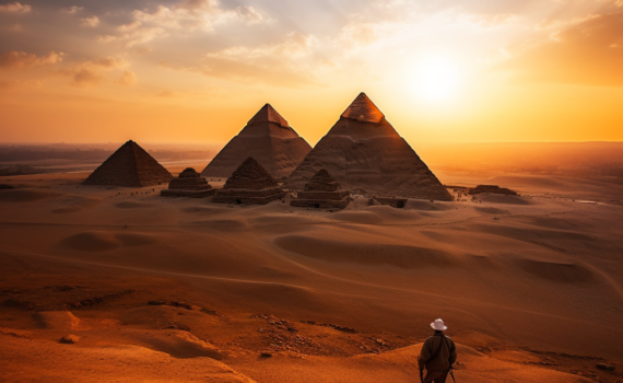 A captivating photograph showcasing the awe-inspiring Pyramids of Giza at sunset. The golden hues of the setting sun cast long shadows over the vast desert, highlighting the pyramids' immense grandeur. Percival, wearing his signature pith helmet, stands in the foreground, his silhouette small against the colossal structures, symbolizing the magnitude of human history and our place within it