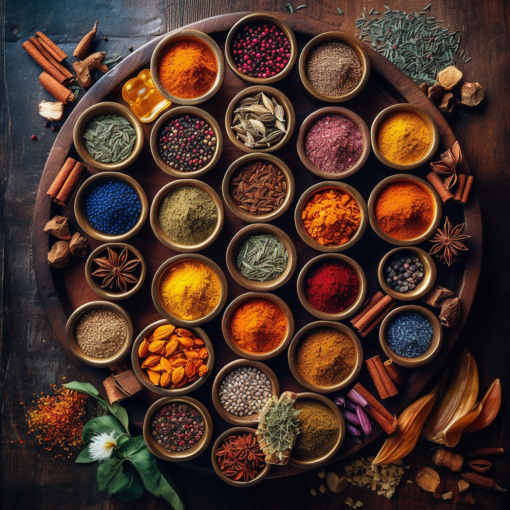 A collection of colorful spices from all over the world, artistically arranged in small bowls on a wooden table. The vibrant hues of turmeric, paprika, cumin, and other spices create a vivid palette, reflecting the diversity and richness of world cuisines