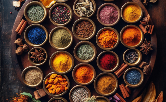 A collection of colorful spices from all over the world, artistically arranged in small bowls on a wooden table. The vibrant hues of turmeric, paprika, cumin, and other spices create a vivid palette, reflecting the diversity and richness of world cuisines