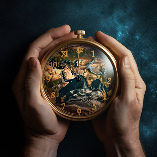 A concept image of a clock set against a background of the Earth. The hands on the clock point towards twelve, symbolizing the urgency of addressing climate change