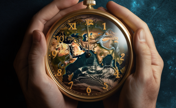 A concept image of a clock set against a background of the Earth. The hands on the clock point towards twelve, symbolizing the urgency of addressing climate change