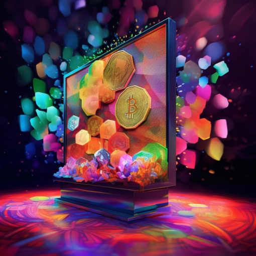 A digital art piece displayed on a holographic screen. The art itself is a vibrant explosion of colors, filled with abstract shapes and forms. In the background, there's the faint outline of a cryptocurrency symbol, signifying the digital nature of the transaction