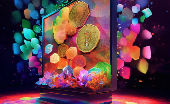 A digital art piece displayed on a holographic screen. The art itself is a vibrant explosion of colors, filled with abstract shapes and forms. In the background, there's the faint outline of a cryptocurrency symbol, signifying the digital nature of the transaction