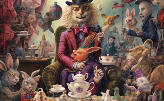 A dreamlike, surreal illustration in vintage hues. The scene captures the iconic Mad Hatter's Tea Party with Alice, the Hatter, and the March Hare seated around a haphazardly set table laden with teapots and mismatched teacups. In the background, the Cheshire Cat's infamous grin hovers mysteriously in the air, adding an extra layer of whimsy to the scene.