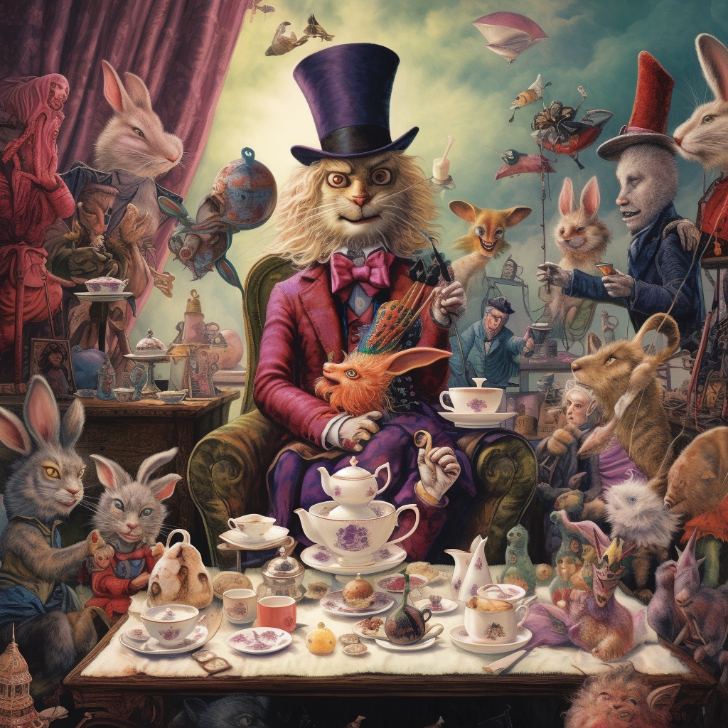 A dreamlike, surreal illustration in vintage hues. The scene captures the iconic Mad Hatter's Tea Party with Alice, the Hatter, and the March Hare seated around a haphazardly set table laden with teapots and mismatched teacups. In the background, the Cheshire Cat's infamous grin hovers mysteriously in the air, adding an extra layer of whimsy to the scene.