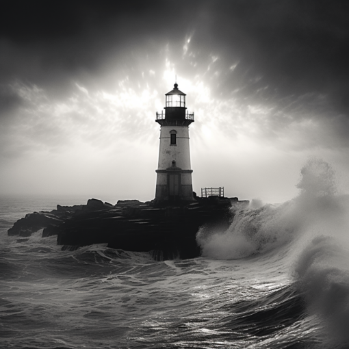 A monochrome photograph of a majestic lighthouse, its beam cutting through the twilight mist. The structure, standing alone against a backdrop of roiling clouds and crashing waves, embodies resilience and unwavering guidance, echoing the essence of our story