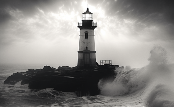 A monochrome photograph of a majestic lighthouse, its beam cutting through the twilight mist. The structure, standing alone against a backdrop of roiling clouds and crashing waves, embodies resilience and unwavering guidance, echoing the essence of our story