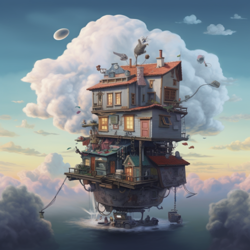 A mysterious, whimsical image of an ordinary suburban house that appears to be floating amongst the clouds against a twilight sky. A trail of everyday household items like books, teapots, and shoes seems to be falling from the floating house, capturing the magical realism theme