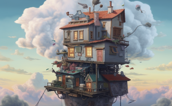 A mysterious, whimsical image of an ordinary suburban house that appears to be floating amongst the clouds against a twilight sky. A trail of everyday household items like books, teapots, and shoes seems to be falling from the floating house, capturing the magical realism theme
