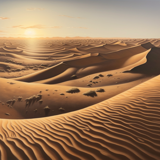 A panorama of the vast desert landscape with magnificent sand dunes, intricately patterned by the wind. The shadows created by the setting sun highlight the natural artistry of aeolian processes