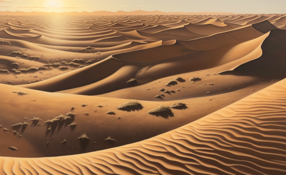 A panorama of the vast desert landscape with magnificent sand dunes, intricately patterned by the wind. The shadows created by the setting sun highlight the natural artistry of aeolian processes