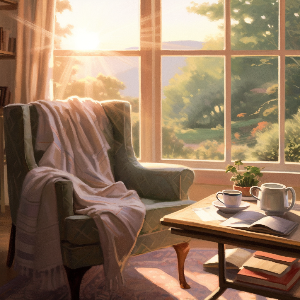 A picture of a sunlit living room with large windows overlooking a serene landscape. A cozy chair with a blanket is placed next to a small table with a cup of tea and an open book, indicating a slow, peaceful morning