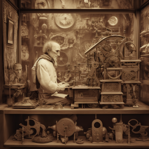 A sepia-tinted photograph of an antique automaton. The automaton, a finely crafted mechanical figure of a scribe, is poised with a quill above a parchment scroll. The figure is surrounded by intricate clockwork mechanisms, all housed within a glass display case.