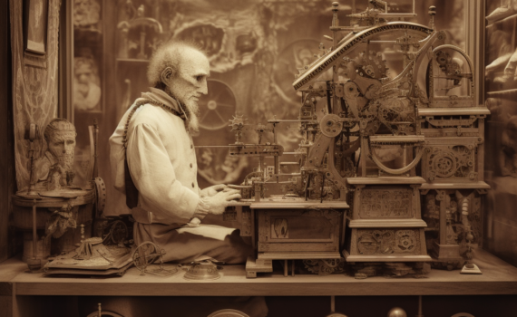 A sepia-tinted photograph of an antique automaton. The automaton, a finely crafted mechanical figure of a scribe, is poised with a quill above a parchment scroll. The figure is surrounded by intricate clockwork mechanisms, all housed within a glass display case.