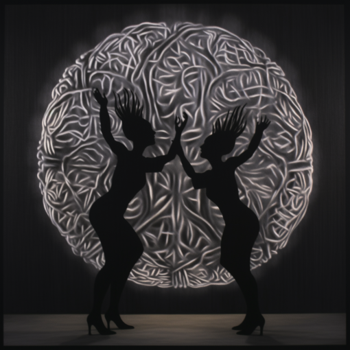 A silhouette of a human brain is illuminated against a dark background. Inside the brain, two dancers are depicted--one structured and geometrical, representing logic, the other fluid and spontaneous, representing intuition. Their poised figures and outstretched hands symbolize the intricate dance of cognition