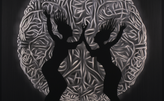 A silhouette of a human brain is illuminated against a dark background. Inside the brain, two dancers are depicted--one structured and geometrical, representing logic, the other fluid and spontaneous, representing intuition. Their poised figures and outstretched hands symbolize the intricate dance of cognition