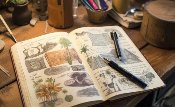 A sketchbook lies open on a rustic wooden table. The pages are filled with puns written in elegant calligraphy, surrounded by doodles and illustrations that playfully depict the puns' meanings. A fountain pen rests atop the sketchbook, symbolizing the ongoing creation of humorous content